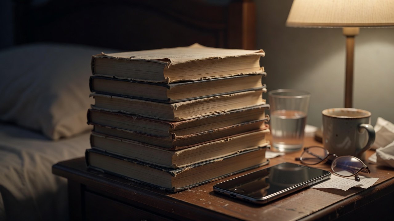 Well-worn paperback novels stacked unevenly on a bedside table beside a phone lying face down