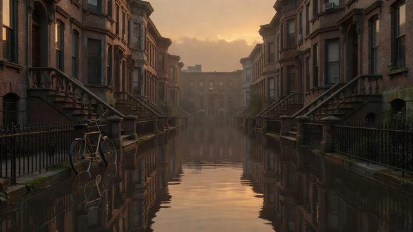 A flooded street at dusk with a row of townhouses reflected in the water and a lone bicycle leaning against a railing