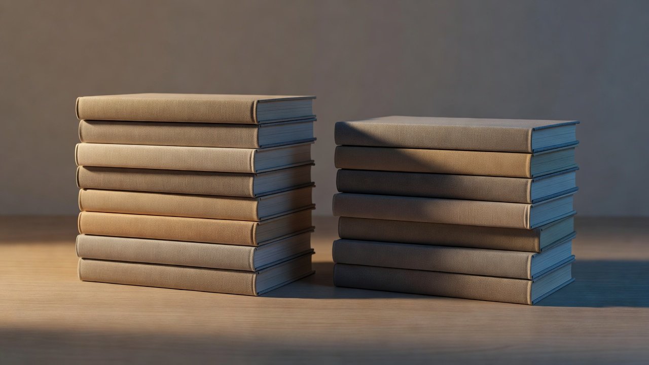 Two stacks of hardback books side by side on a table, one lit warmly and one in cool shadow