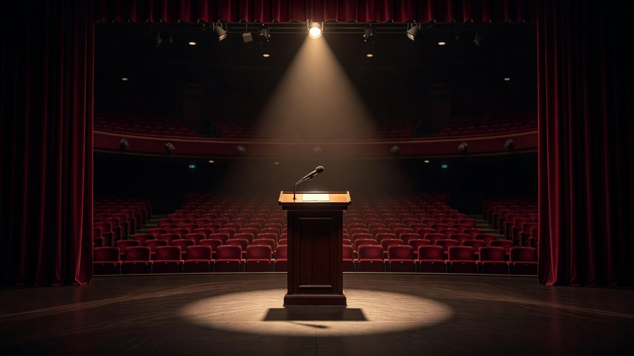A wooden lectern with a microphone on an empty stage in a softly lit theater, rows of empty seats behind it