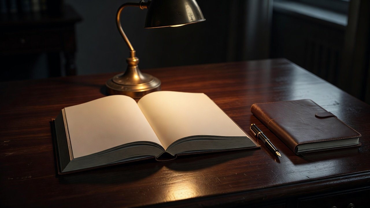 An open hardback book resting on a wooden desk beside a brass reading lamp in low evening light