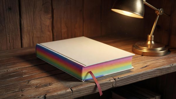A hardcover novel with colored sprayed edges lying on a wooden shelf beside a ribbon bookmark and a brass reading lamp