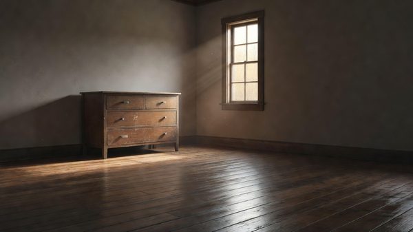 A quiet rural farmhouse interior with dust visible in slanted afternoon light across a bare wooden floor